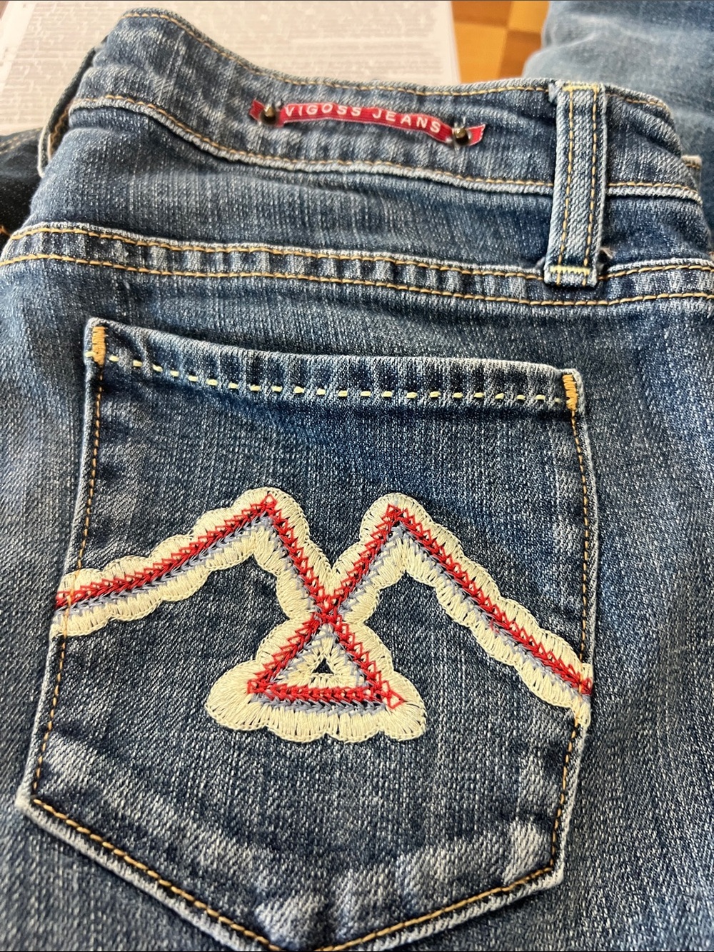 Vigoss Blue Bootcut Jeans with Red & Cream Embroidery